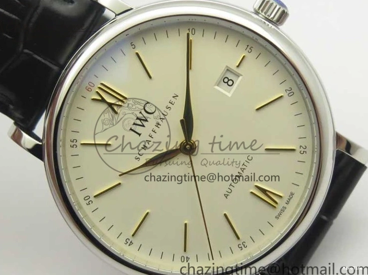 MIROTIME 0106 Affordable Portofino IW356501 SS V3 MK 1:1 Best Edition White Dial Gold Markers On Black Leather Strap MIYOTA 7196